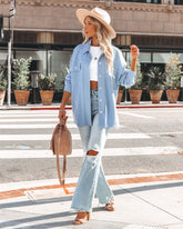 Addyson Button Down Knit Shacket - Baby Blue